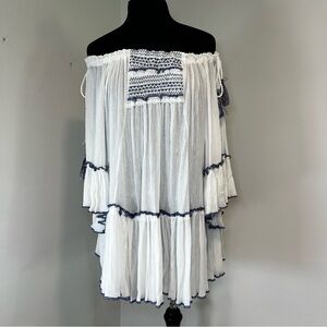 Surf Gypsy Off Shoulder Boho Ruffle Tunic Cover-Up White blue Beach Resort Sz